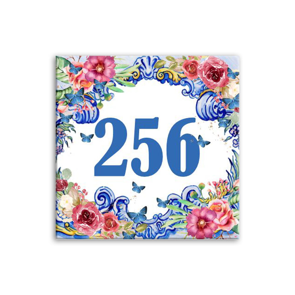 Número Residencial de Casa com flores e borboletas em Azulejo 15,5x15,5 cm Português Colorido Queimado a Forno   -