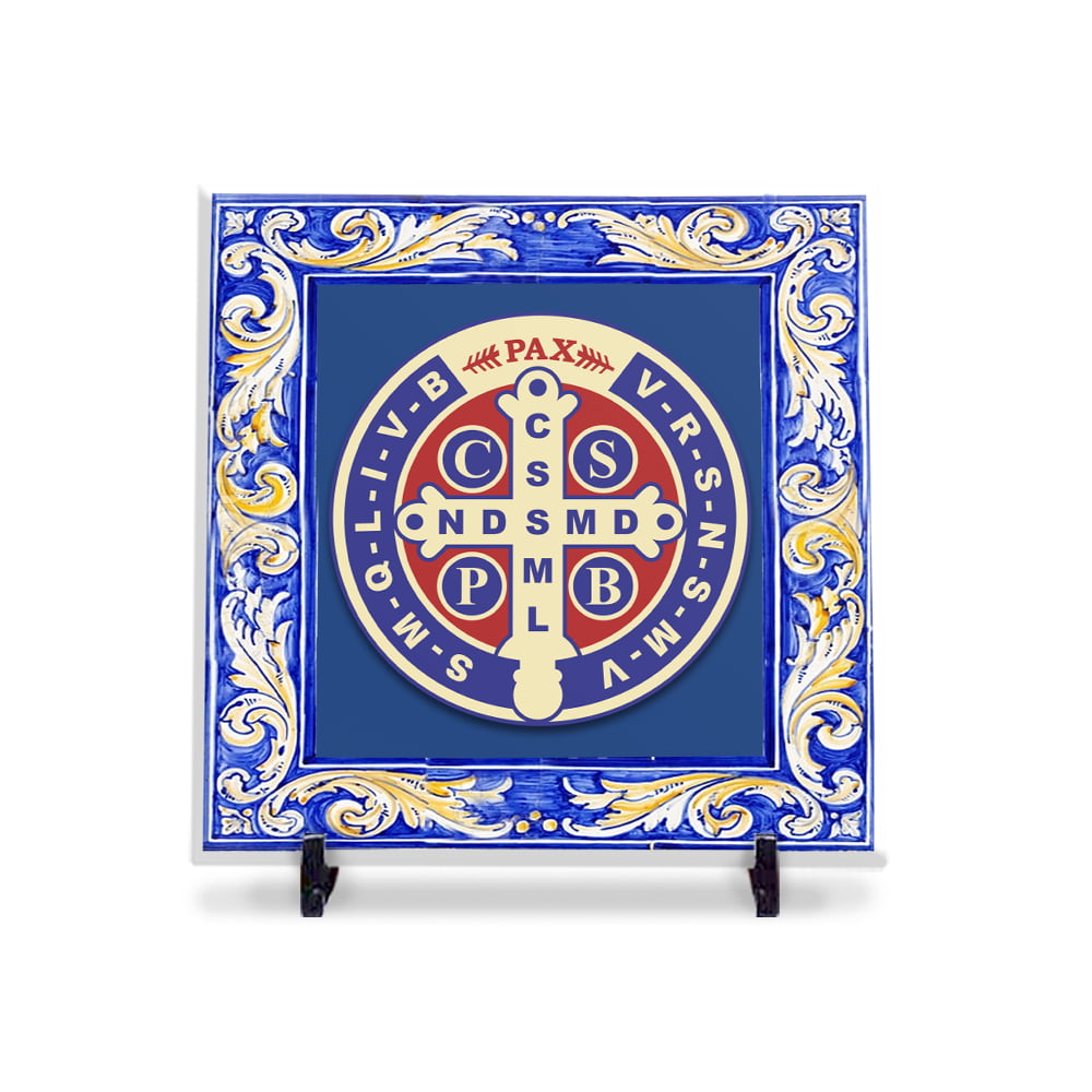 Azulejo Personalizado Medalha de São Bento com Borda 20x20 Suporte Porta-Ret.