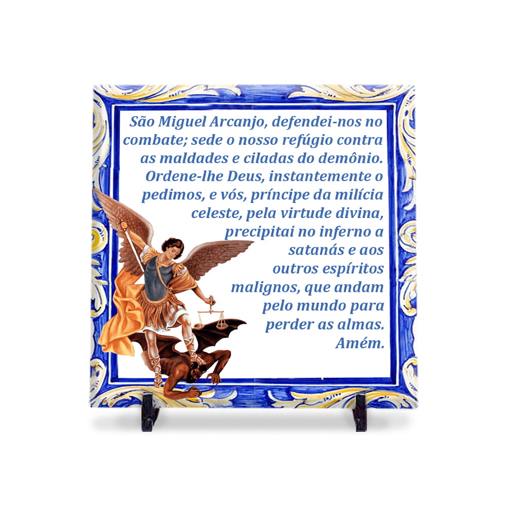 Azulejo Personalizado Oração São Miguel Arcanjo Est. Português 20x20 Suporte Porta-Ret.