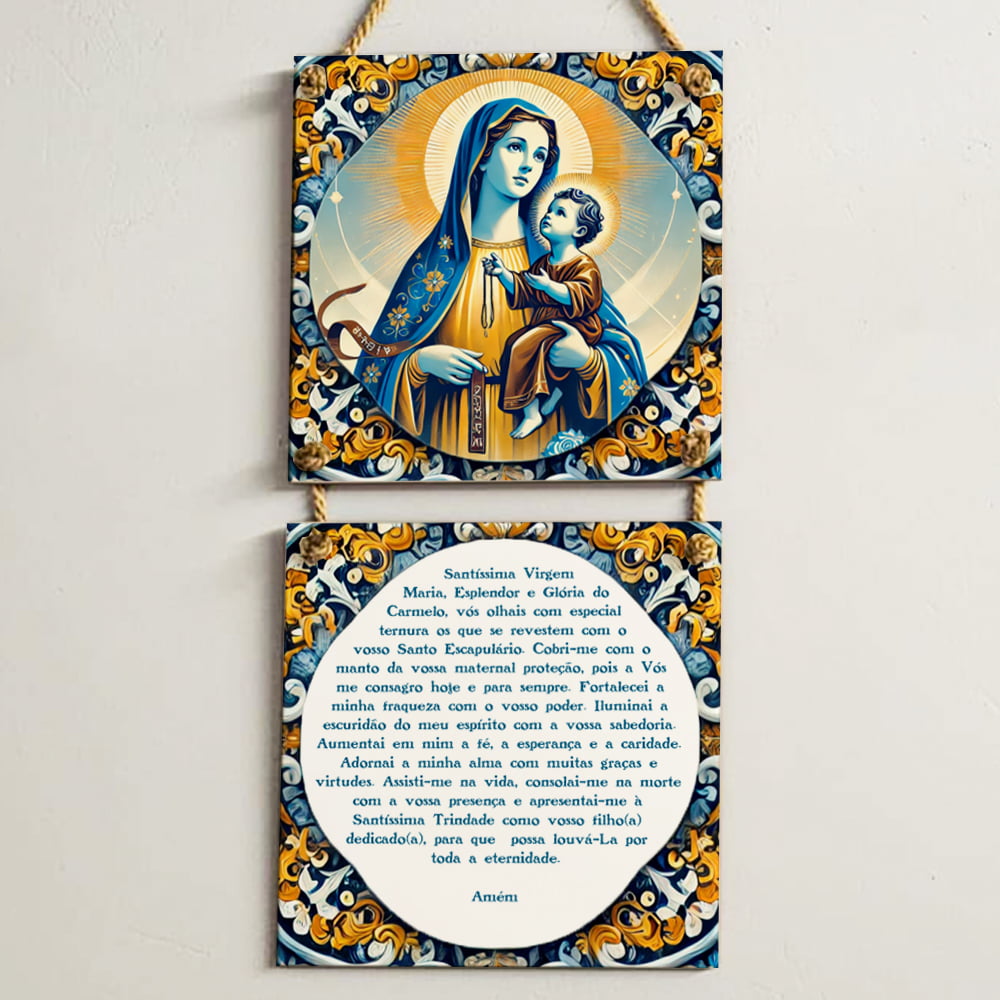 Conjunto de Azulejos Decorativos "Nossa Senhora do Carmo" + "Oração" 20x20cm com Cordas de Sisal (2 Peças)