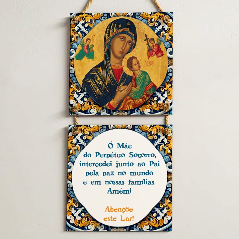 Conjunto de Azulejos Decorativos "Nsa do Perpétuo Socorro" + "Oração" 20x20cm com Cordas de Sisal (2 Peças)