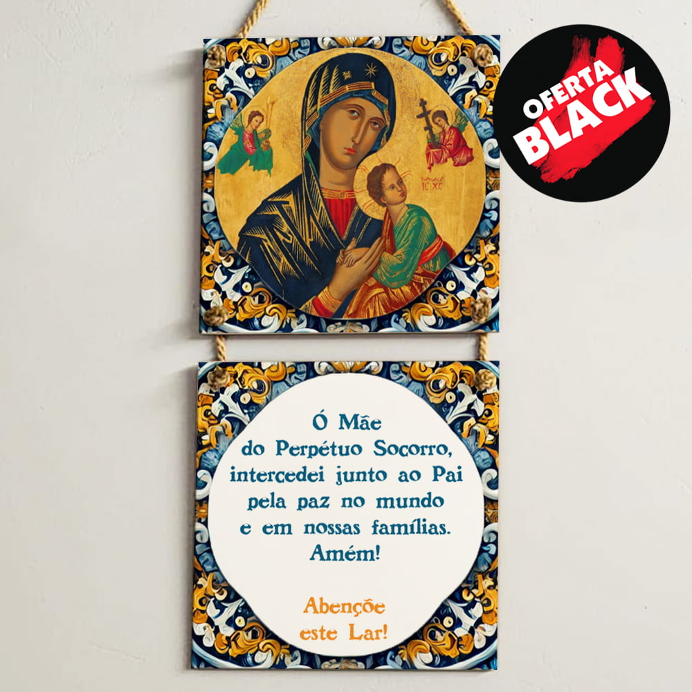 Conjunto de Azulejos Decorativos "Nsa do Perpétuo Socorro" + "Oração" 20x20cm com Cordas de Sisal (2 Peças)