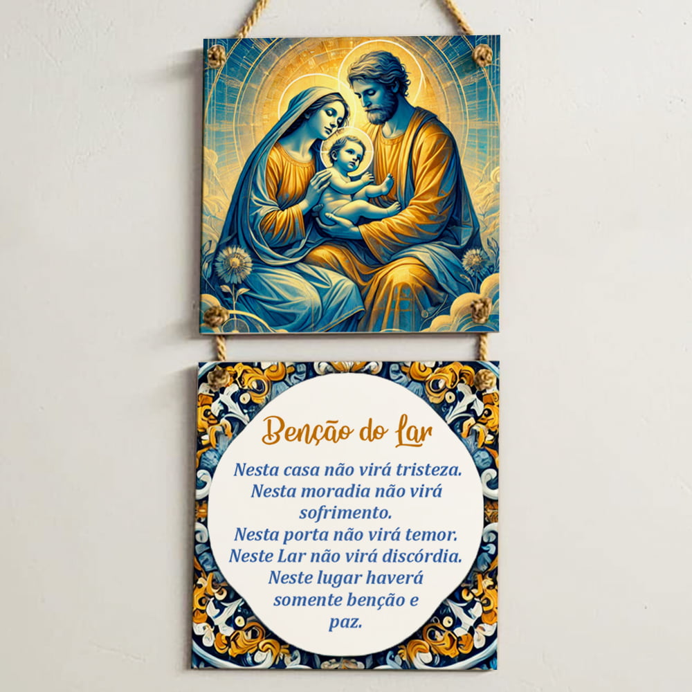 Conjunto de Azulejos Decorativos "Sagrada Família" + "Benção do Lar" 20x20cm com Cordas de Sisal (2 Peças)