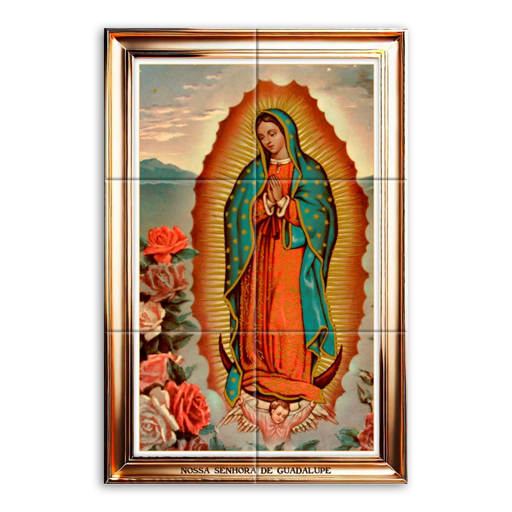 Quadro Imagem Nossa Senhora de Guadalupe em Azulejo Decorativo Borda Dourada