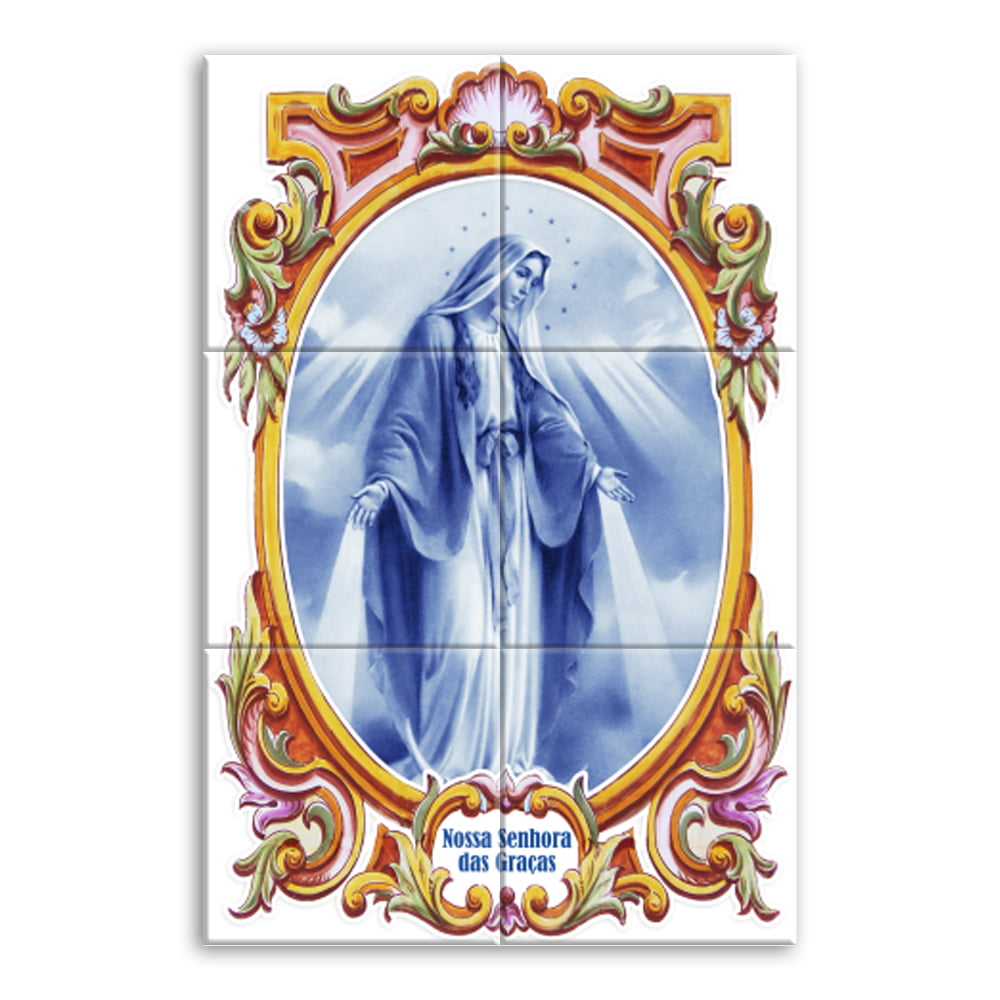 Quadro Imagem Nossa Senhora das Graças em Azulejo Decorativo Borda Antiga