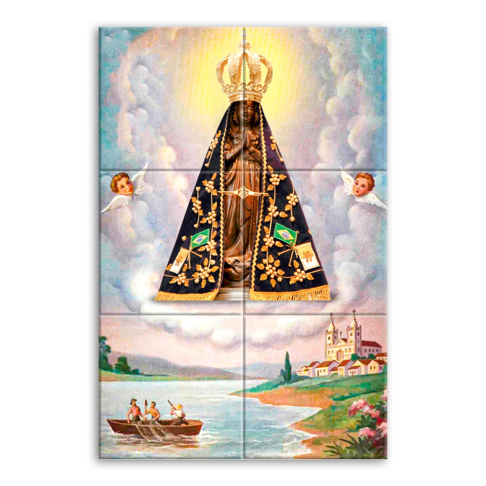 Quadro Imagem Nossa Senhora Aparecida em Azulejo Decorativo com Pescadores