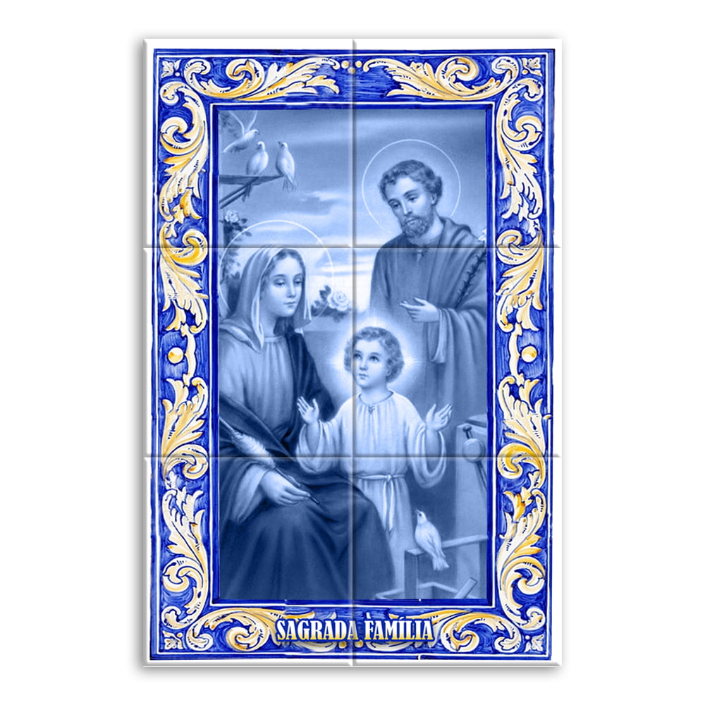 Quadro Imagem Sagrada Família em Azulejo Decorativo Estilo Português Borda Amarela