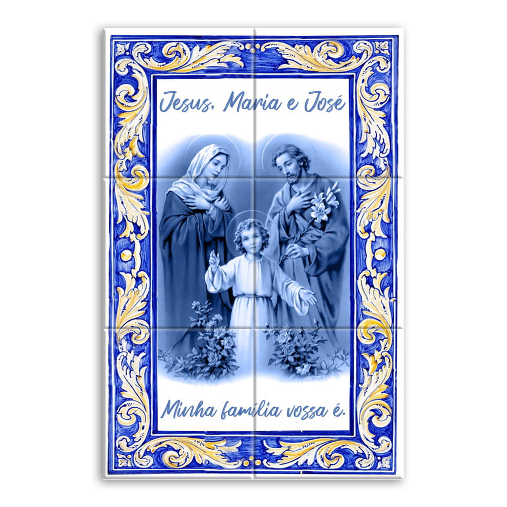 Quadro Imagem Sagrada Família em Azulejo Decorativo Estilo Português Jesus, Maria e José