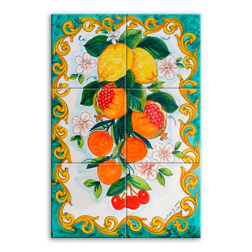 Quadro Painel Azulejo Português Verde Frutas