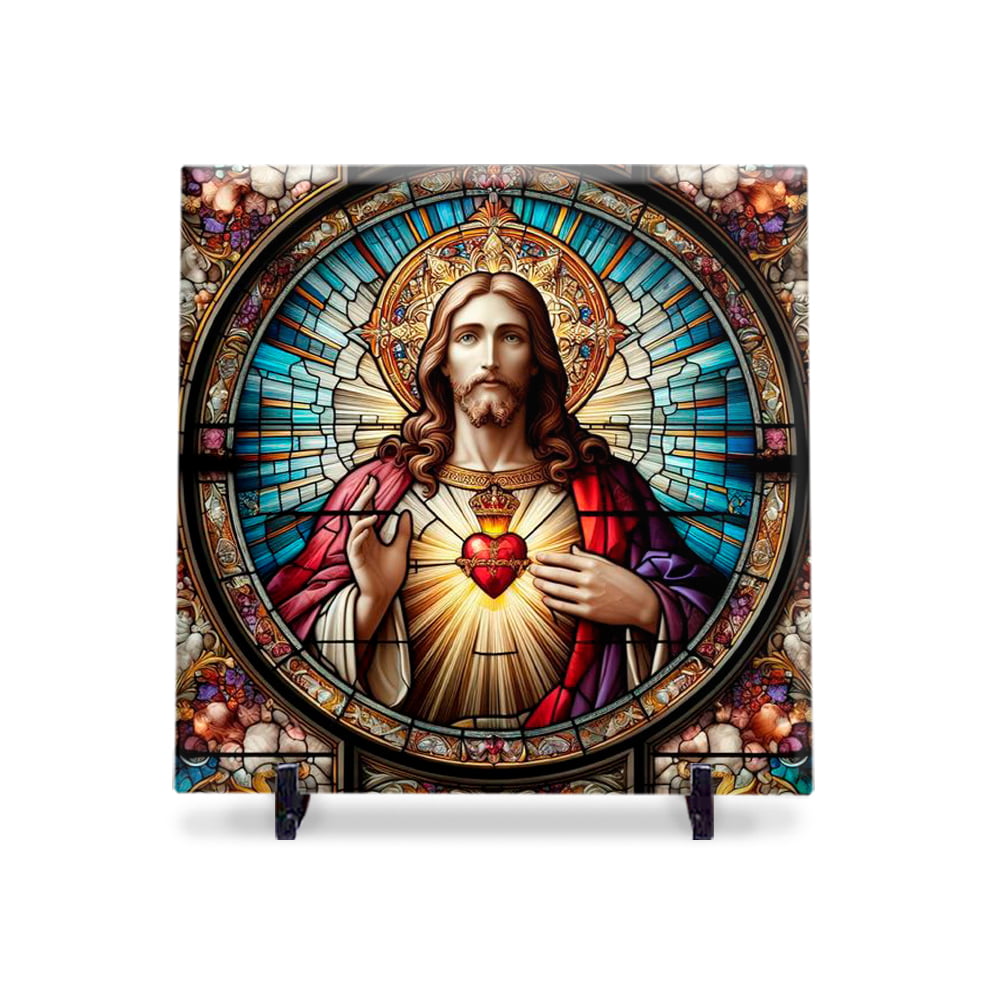 Quadro Sagrado Coração de Jesus Est. Vitral Azulejo 20x20 com Suporte