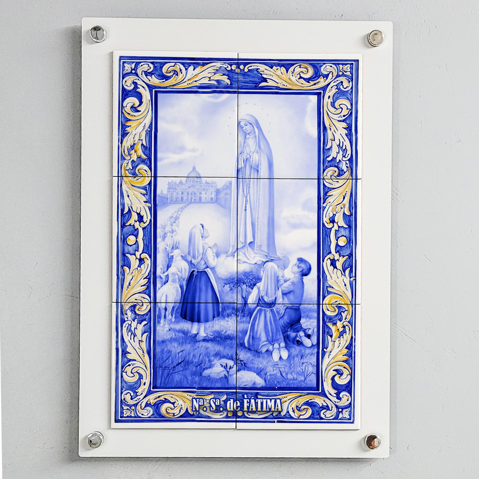 Quadro Decorativo com Imagem de Nossa Senhora de Fátima em Azulejo 50x70cm