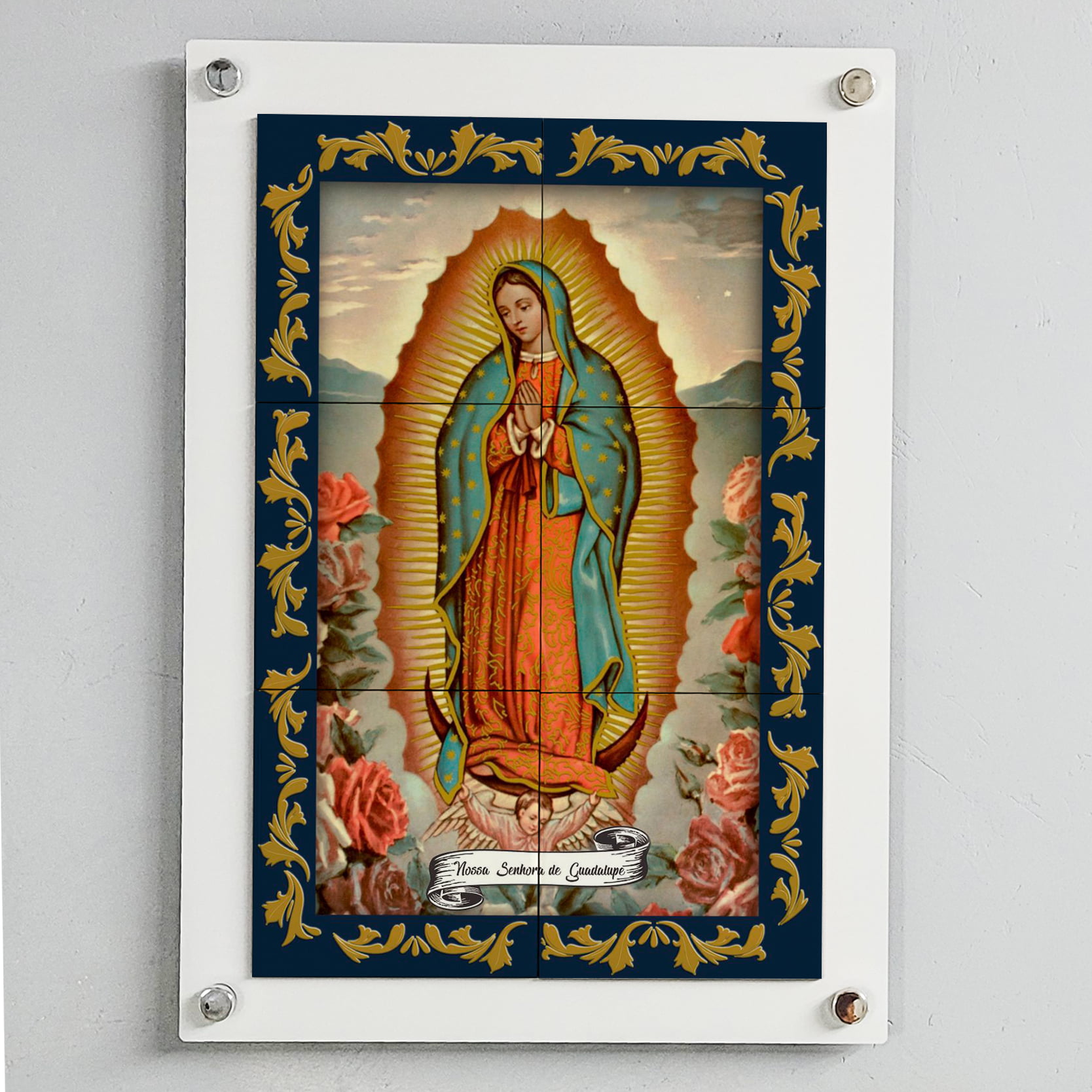 Quadro Decorativo com Imagem de Nossa Senhora de Guadalupe em Azulejo Colorido 50x70cm