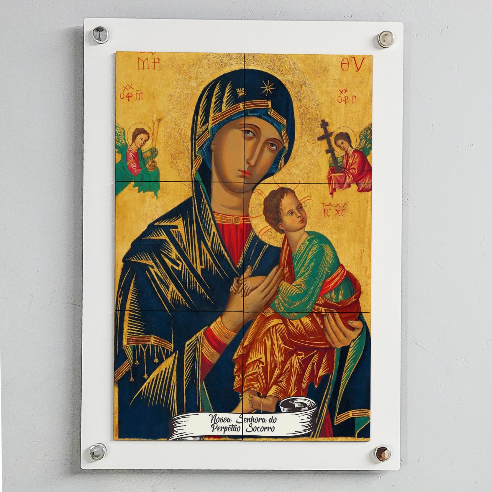 Quadro Decorativo com Imagem de Nossa Senhora do Perpétuo Socorro em Azulejo 50x70cm