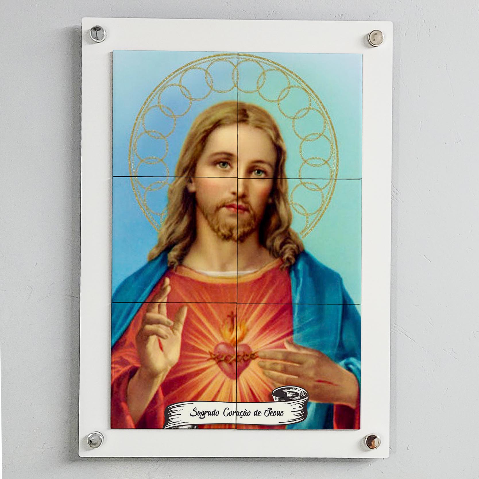 Quadro Decorativo com Imagem do Sagrado Coração de Jesus em Azulejo 50x70cm