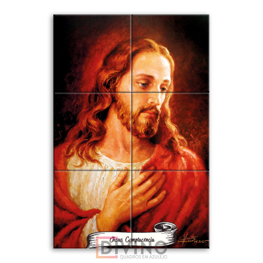 Quadro Imagem Jesus Complacente em Azulejo Decorativo Colorido