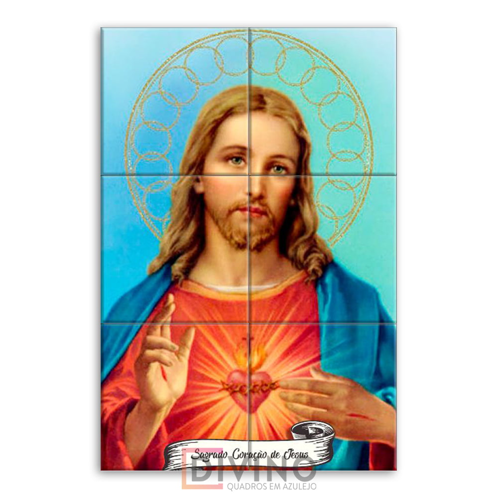 Quadro Imagem Sagrado Coração de Jesus em Azulejo Decorativo Colorido