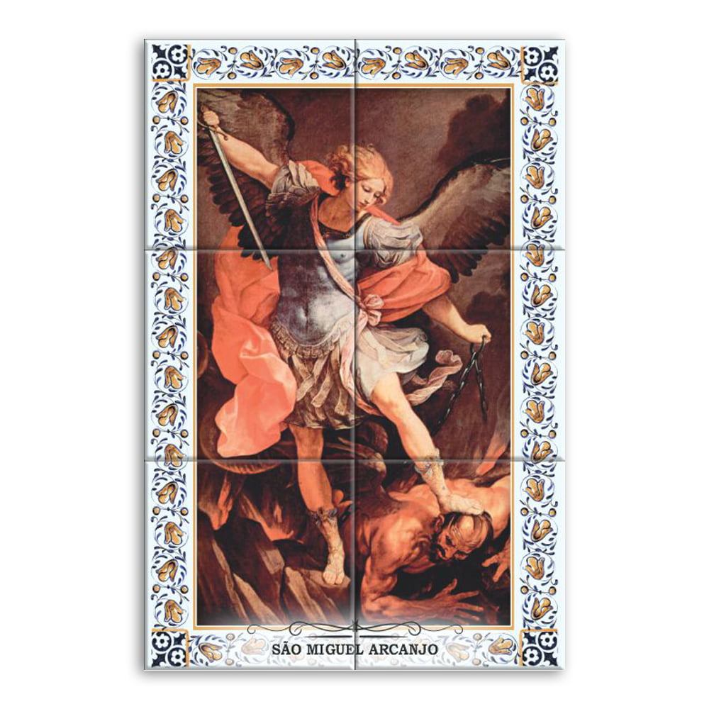 Quadro Imagem São Miguel Arcanjo em Azulejo Decorativo Borda Colorida