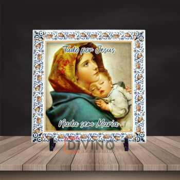 Quadro Maria Mãe de Jesus Azulejo 20x20 Suporte Porta-Ret.