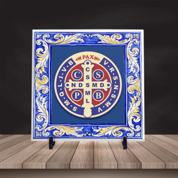 Azulejo Personalizado Medalha de São Bento com Borda 20x20 Suporte Porta-Ret.