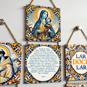 Conjunto de Azulejos Decorativos "Nossa Senhora do Carmo" + "Oração" 20x20cm com Cordas de Sisal (2 Peças)