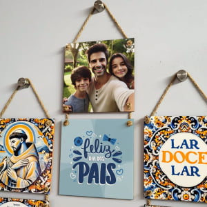 Conjunto de Azulejos Decorativos Personalizado com foto DIA DOS PAIS 20x20cm com Cordas de Sisal (2 Peças)