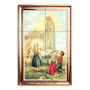 Quadro Imagem Nossa Senhora de Fátima em Azulejo Decorativo Borda Dourada