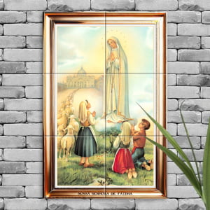 Quadro Imagem Nossa Senhora de Fátima em Azulejo Decorativo Borda Dourada