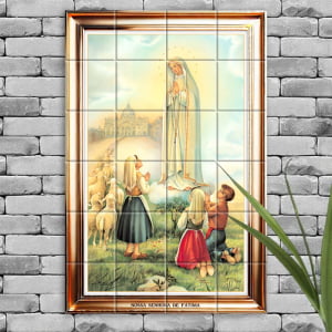 Quadro Imagem Nossa Senhora de Fátima em Azulejo Decorativo Borda Dourada