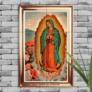 Quadro Imagem Nossa Senhora de Guadalupe em Azulejo Decorativo Borda Dourada