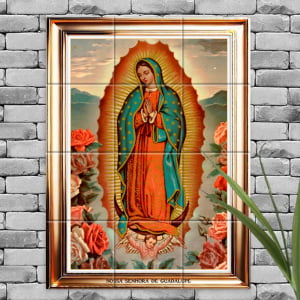 Quadro Imagem Nossa Senhora de Guadalupe em Azulejo Decorativo Borda Dourada