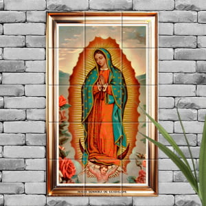 Quadro Imagem Nossa Senhora de Guadalupe em Azulejo Decorativo Borda Dourada