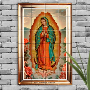 Quadro Imagem Nossa Senhora de Guadalupe em Azulejo Decorativo Borda Dourada