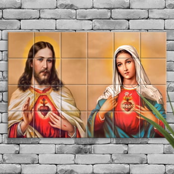 Quadro Imagem Sagrado Coração de Jesus e Imaculado Coração de Maria em Azulejo Decorativo Colorido