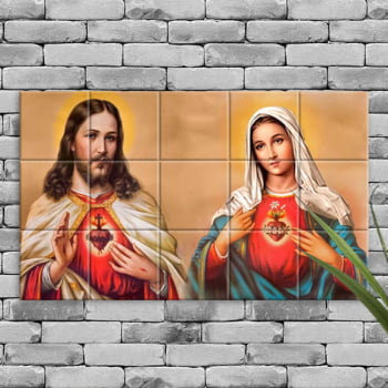 Quadro Imagem Sagrado Coração de Jesus e Imaculado Coração de Maria em Azulejo Decorativo Colorido