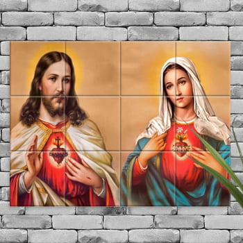 Quadro Imagem Sagrado Coração de Jesus e Imaculado Coração de Maria em Azulejo Decorativo Colorido