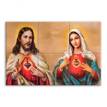 Quadro Imagem Sagrado Coração de Jesus e Imaculado Coração de Maria em Azulejo Decorativo Colorido