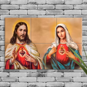 Quadro Imagem Sagrado Coração de Jesus e Imaculado Coração de Maria em Azulejo Decorativo Colorido