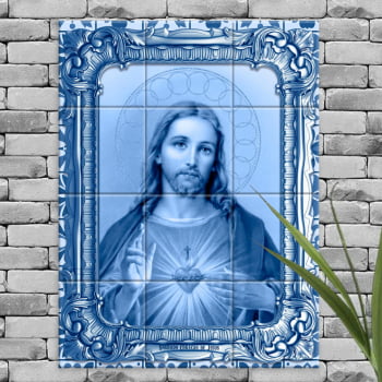 Quadro Imagem Imaculado Coração de Jesus em Azulejo Decorativo Estilo Português