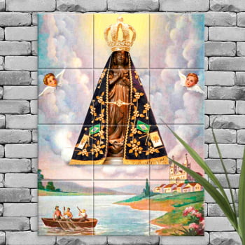 Quadro Imagem Nossa Senhora Aparecida em Azulejo Decorativo com Pescadores