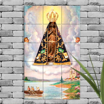 Quadro Imagem Nossa Senhora Aparecida em Azulejo Decorativo com Pescadores