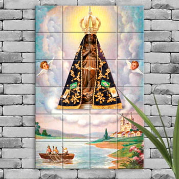 Quadro Imagem Nossa Senhora Aparecida em Azulejo Decorativo com Pescadores