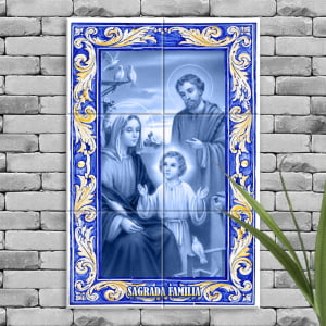 Quadro Imagem Sagrada Família em Azulejo Decorativo Estilo Português Borda Amarela