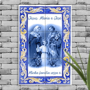 Quadro Imagem Sagrada Família em Azulejo Decorativo Estilo Português Jesus, Maria e José