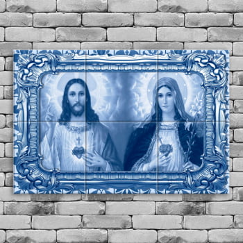 Quadro Imagem Sagrado Coração de Jesus e Imaculado Coração de Maria em Azulejo Decorativo