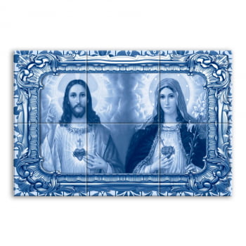 Quadro Imagem Sagrado Coração de Jesus e Imaculado Coração de Maria em Azulejo Decorativo