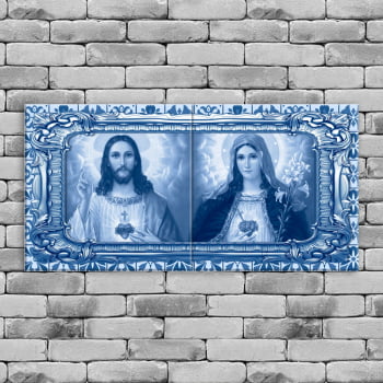 Quadro Imagem Sagrado Coração de Jesus e Imaculado Coração de Maria em Azulejo Decorativo