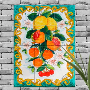 Quadro Painel Azulejo Português Verde Frutas