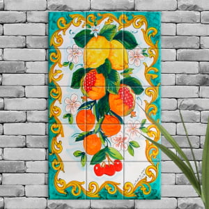 Quadro Painel Azulejo Português Verde Frutas