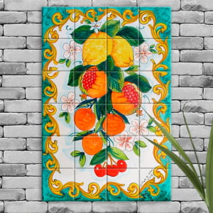 Quadro Painel Azulejo Português Verde Frutas