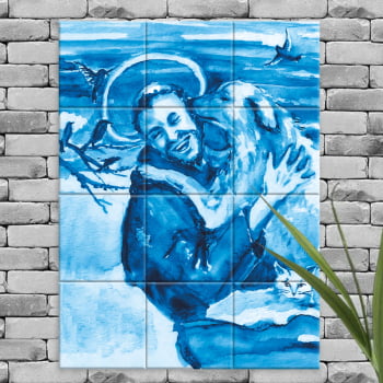 Quadro Painel Imagem São Francisco de Assis em Azulejo Decorativo Estilo Português